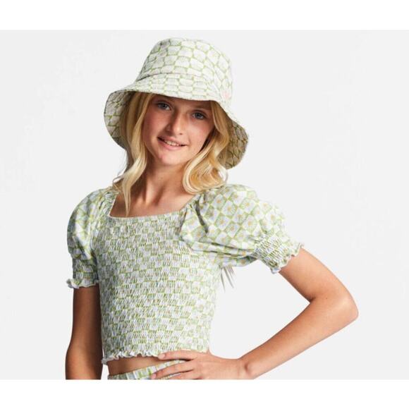 NWOT Billabong Big Girls Coastal Sands Mini Puff Sleeve Top Floral Check Size M - Picture 1 of 9